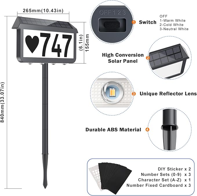 Brightever Solar Address Signs, House Number for Outside Waterproof, 3-Color LED Illuminated Address Plaques with Stake, Wall Mounted Solar Powered Light Up Address Numbers for Houses, 1-Pack, Grey