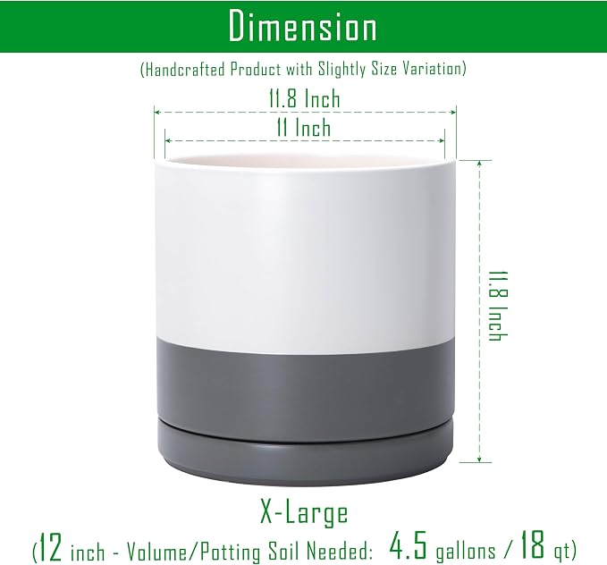 D'vine Dev 12 Inch Ceramic Planter Pot with Drainage Hole and Saucer, Indoor Cylinder Round Planter Pot, White/Speckled Grey, 94-O-F-6