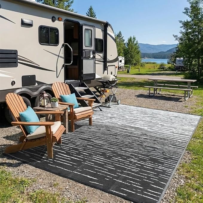 Garvee Modern Outdoor Rug 8x10 Patio Waterproof, Neutral Striped Plastic Straw Rug, Camping Rugs for Outside Your RV, Reversible UV Resistant Mats for Backyard, Deck, Picnic, Camper, Grey