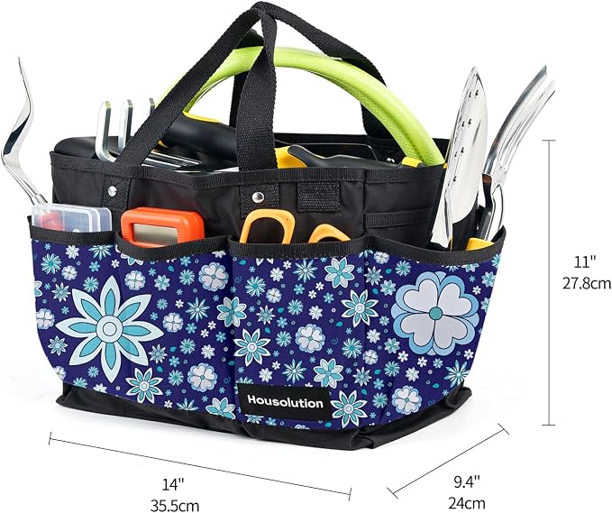 Housolution Gardening Tote Bag, Deluxe Garden Tool Storage Bag and Home Organizer with Pockets, Wear-Resistant & Reusable, 14 Inch, Blue Flowers