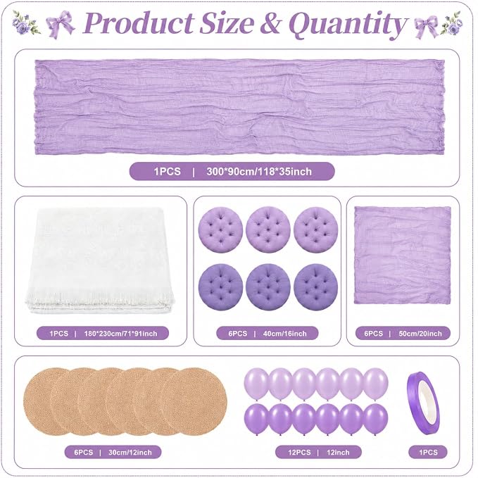 Cinrobiye Boho Picnic Party Set for Outdoor, Aesthetic Picnic Setup with Large Picnic Blanket, Floor Cushions, Table Runner, Napkins, Balloons for Wedding, Bridal Shower, Birthday(Purple)