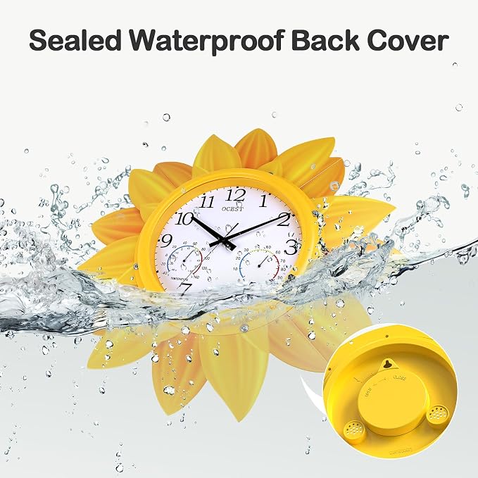 OCEST 24 Inch Outdoor Wall Clock, Waterproof Sunflower Clock with Thermometer & Hygrometer, Silent Non-Ticking Metal Petal Design for Patio, Garden, Pool, Garage