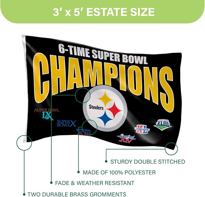 NFL Pittsburgh Steelers Multi-Win Superbowl Champions 3x5 Flag for Outside with Grommets | Outdoor & Indoor | Heavy Duty Flag & Banner | Works with Flag Pole for Outside House