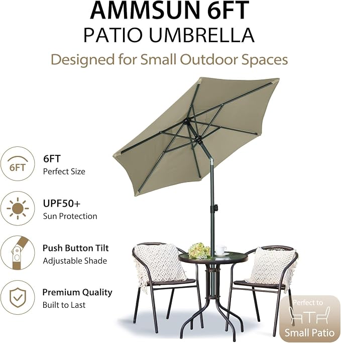 AMMSUN 6ft Patio Umbrella Outdoor Table Umbrellas with Push Button Tilt, UPF50+ Premium Steel Pole and Ribs for Deck, Lawn, Garden, Backyard & Pool (Khaki)