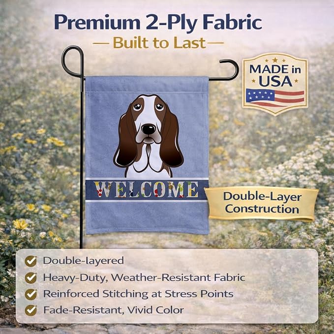 Caroline's Treasures BB1429GF Basset Hound Welcome Garden Flag, Blue Mailbox Flag Decorative Yard Flag Banner Outside Patio Artwork Yard Flower Beds, Garden Size, Multicolor