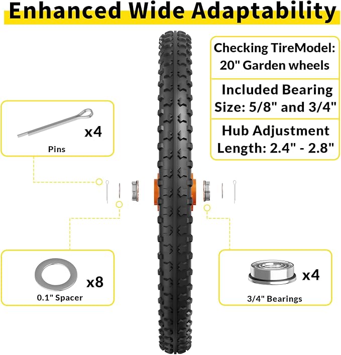 RONPOW 20 Inch Flat Free Wheelbarrow Wheels Compatible with rubbermaid Wheelbarrows Cart Tires, 5/8" Bearings and 3/4" Bearings, Replacement Wheelbarrow Wheels Garden Yard Carts, 400Lbs, 2Pack Orange