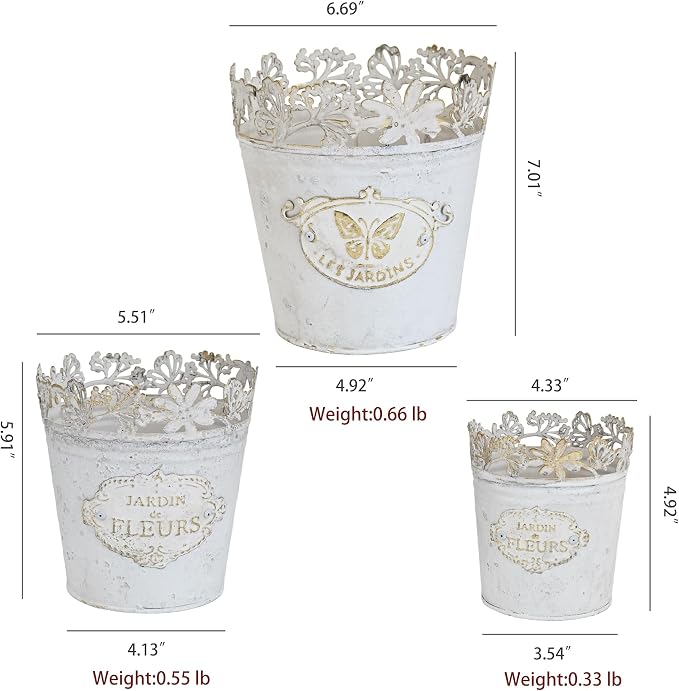 Set of 3 Vintage French Country Planters, Distressed White Metal Flower Pots with Lace Cutout Rim, Plant Pots for Succulents, Herbs, Indoor Outdoor Home Garden Decor (White - Set of 3)