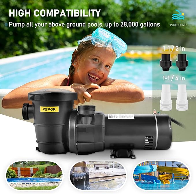 VEVOR Swimming Pool Pump 1.5 HP 5280 GPH Max Flow Single Speed Pump, 115 V | for Above Ground Pool, 43 ft Max Head Lift, Pure Copper Motor, with Strainer Basket & Lid, Certification of ETL for Security