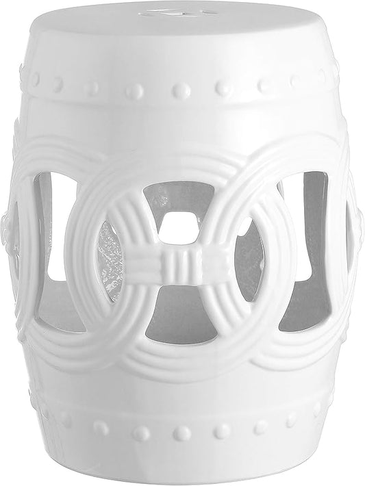 JONATHAN Y Lucky Coins 16" Ceramic Garden Stool, Contemporary White Cutout Interlocking Rings Drum Indoor/Outdoor Side Table and Plant Stand for Patio, Garden, Living Room TBL1022A