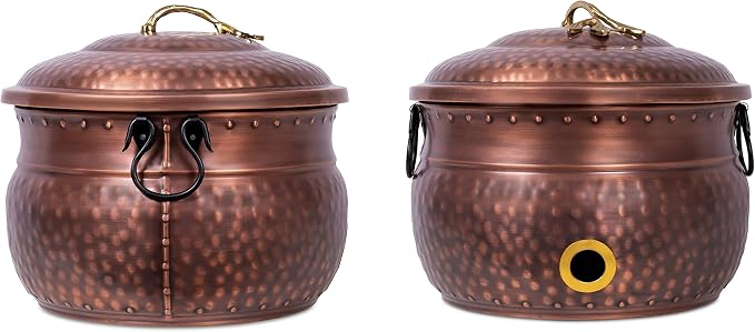 BIRDROCK HOME Water Hose Holder with Lid | Ground Garden Hose Pot | Decorative | Handle | Embossed | Steel Metal with Copper Accents - Outdoor or Indoor Use
