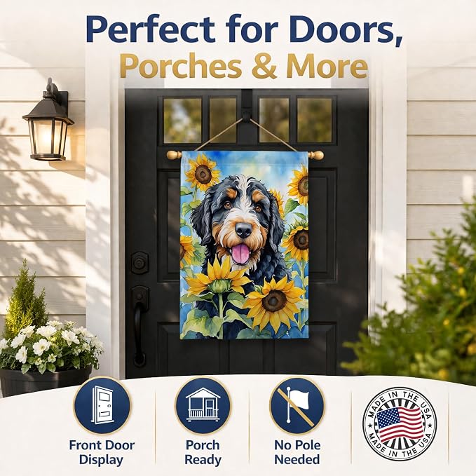 Caroline's Treasures DAC6025CHF Bernedoodle in Sunflowers House Flag Large Porch Sleeve Pole Decorative Outside Yard Banner Artwork Wall Hanging, Polyester, House Size, Multicolor