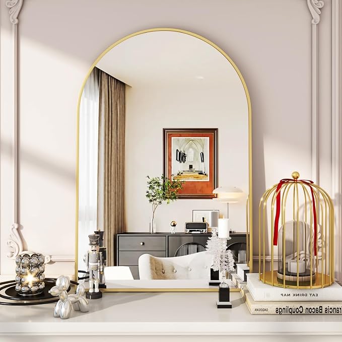 Arched Wall Mirror, 24 x 36 inch Arch Bathroom Mirror Gold | Wall Mounted Vanity Mirror with Arch Metal Frame, Modern Bathroom Vanity Mirror for Bedroom, Living Room, Hanging or Leaning