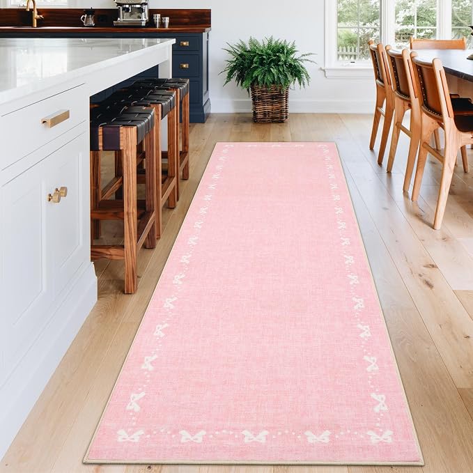 COZYLOOM 2x6 Bow Border Runner Rugs for Entryway, Kitchen Rugs Non Slip Washable, Stain Resistant Modern Solid Color Accent Rug Non Shedding Low Pile Soft Mats for Hallway, Bathroom, Bedroom, Pink