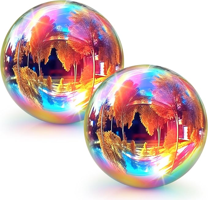 Suzile 2 Pieces Gazing Ball Hollow Gazing Mirror Ball Stainless Steel Garden Globe Gazing Globe Mirrored Surface Polished Ornament Sphere for Garden Outdoor Pool Yard Pond Lawn Home (Rainbow,10 Inch)