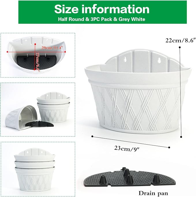 Sungmor Wall Hanging Planters,11.5 Inch Hanging Flower Pots for Railing Fence - Indoor Outdoor Balcony Wall Hanging Basket, Plastic Plant Pot Container - Half Round & 3PC Pack & Grey White