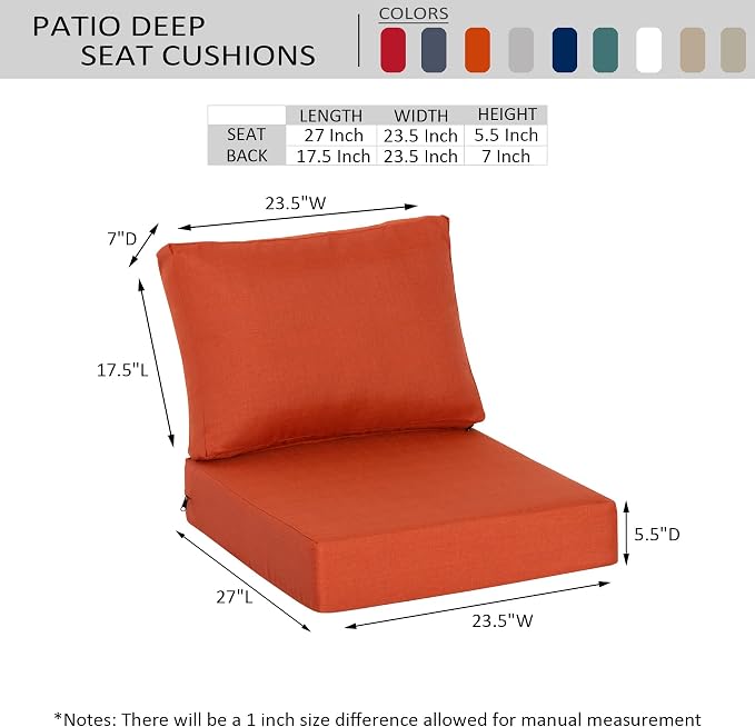 23.5"x27" Outdoor Deep Seat Patio Cushions Set of 2, Deep Seat Bottom Resilient Foam Filling Water-Resistant Stain-Resistant UV Resistant Weather Resistant with YKK Zippers, Quarry Red