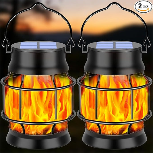 TomCare Solar Lanterns Flickering Flame Solar Lights Outdoor Waterproof Metal Hanging Lantern Lighting Solar Powered Lanterns for Decorative Outdoor Patio Porch Garden Lawn,2 Pack