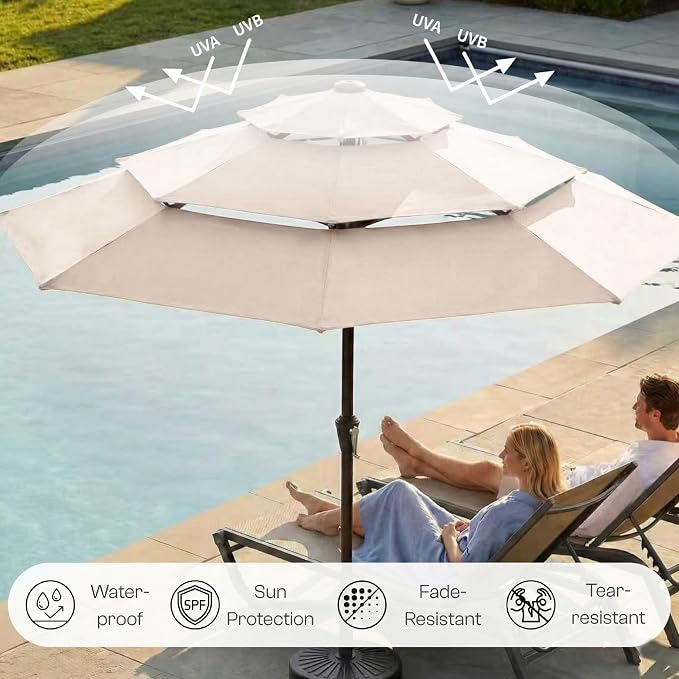 10ft 3-Tier Patio Umbrella with 32 Solar Powered LED Lights, Windproof Outdoor Market Umbrella for Deck, Poolside & Garden, Sturdy Push-Button Tilt Table Umbrella, Beige
