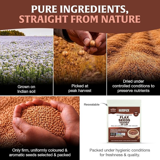HANDPICK Flax Seed (2 lb) | Gluten Free Brown Seeds | Raw Seeds Sourced from India | Grinds easily, Gels perfectly | Resealable Zip Lock Pouch