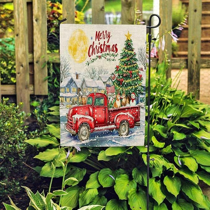 EMMTEEY Truck Garden Flag Red Truck with Christmas Tree House Burlap Garden Flags 12.5X18 Small Christmas Flag Double Sided Winter Garden Flags for Outside Outdoor Garden Flags for Winter Decoration