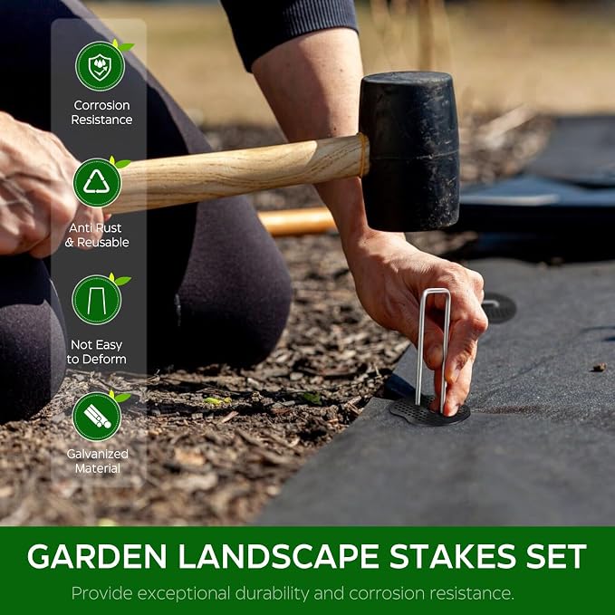 400 Pcs Garden Stakes Landscape Staples Set, 6 Inch 11 Gauge Heavy Duty Galvanized 200 U-Shaped Pins with 200 Gaskets for Weed Barrier Fabric, Grass Sod, Artificial Turf & Yard Landscaping
