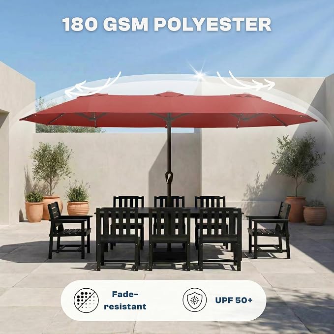 15FT Large Patio Umbrella with Base Included, Double Sided Outdoor Market Umbrella with Flexible Fiberglass Ribs, UV-Blocking Extra Large Umbrella for Garden, Pool, Deck, Red