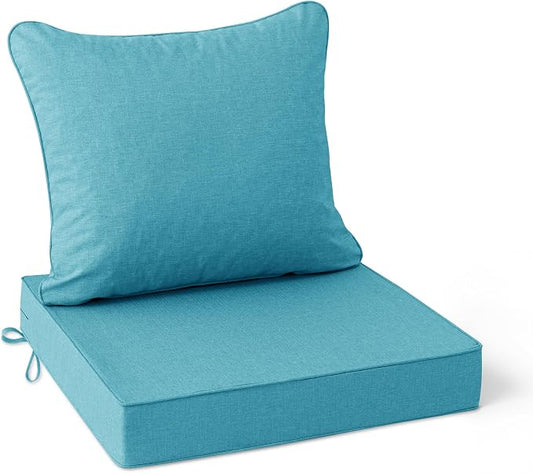 Summsun Faux Linen Outdoor Chair Cushions, Water Resistant Backrest and Deep Seat Cushion Set with Removable Cover, Straps, Non-Slip Bottom for Patio Furniture, 24 x 24 Inch, Teal