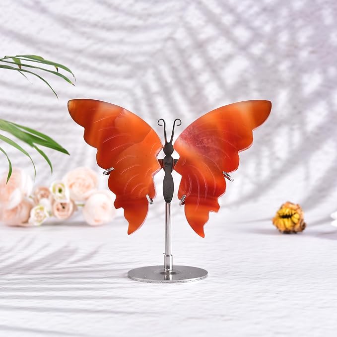 JIC Gem Natural Red Agate Crystal Butterfly Red Healing Gemstone Art Wings Carving Craft with Display Stand Decoration Reiki Chakra Balance (1pair, 10cm)