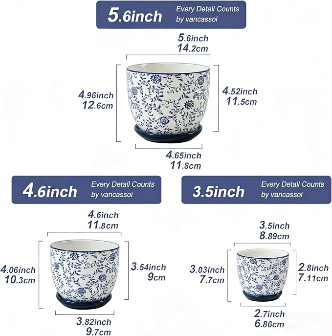 Ceramic Plant Pots - 3.5+4.6+5.6 Inch Flower Pots with Drainage Holes and Saucers - Planters for Indoor Plants Orchid, Herbs, Succulent, Cactus, Home Decor, Set of 3, Vintage Blue, Floral
