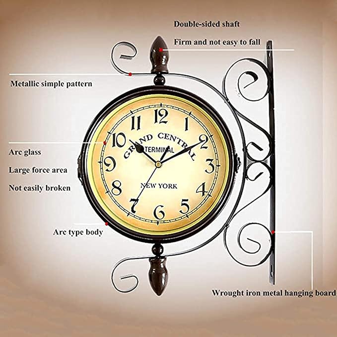 Vintage Wall Mounted Clock Outdoor Double Sided Clock, Metal Vintage Double Sided Hanging Clock, for Patio, Garage, Outdoor Area Antique Look Train Station Clock Two Sided Clock for Indoors/Outdoors