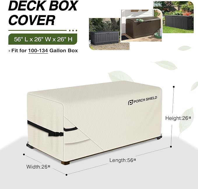 Porch Shield Patio Deck Box Storage Cover - 600D Outdoor Waterproof Cover for 100-134 Gallon Box Tear Resistant Rectangular Fire Pit Table Covers 56 x 26 x26 inch Beige