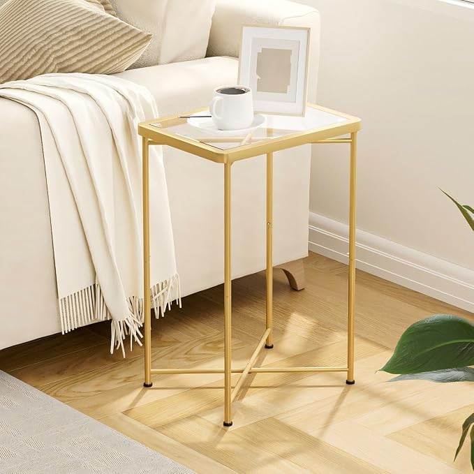 Garden 4 you Small Side Table, Glass End Table Set of 2, Gold Outdoor Side Table with Metal Frame, Mini Bedside Table for Living Room, Bedroom, Patio, Small Space, 2pcs