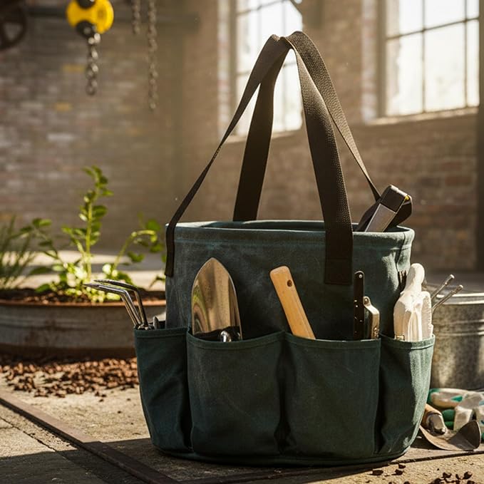 8 Pockets Canvas Tool Organizer Folds Flat to 3-Inch, Bucket Tool Organizer, Reusable Grocery Storage Tote for Garden/Home/Outdoor/Car, 13.5" D x 12.5" H | Dark Green
