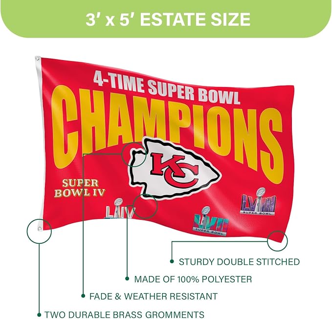 Team Sports America NFL Kansas City Chiefs Multi-Win Superbowl Champions 3x5 Flag for Outside with Grommets | Outdoor & Indoor | Heavy Duty Flag & Banner | Works with Flag Pole for Outside House