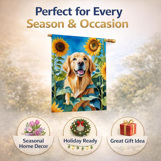 Caroline's Treasures DAC6088CHF Golden Retriever in Sunflowers House Flag Large Porch Sleeve Pole Decorative Outside Yard Banner Artwork Wall Hanging, Polyester, House Size, Multicolor