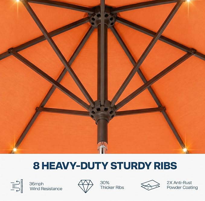 10FT Solar Patio Umbrella with Lights, Outdoor Table Market Umbrella with 32 LED Lights, 8 Sturdy Ribs, Push Button Tilt and Crank for Pool, Deck and Garden, UV-Resistant