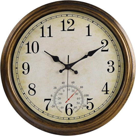 16 Inch Large Outdoor Clock, Waterproof Wall Clock with Thermometer, Battery Operated Silent Non-Ticking Vintage Wall Clock Quartz Round Clock Home Decor,Brown