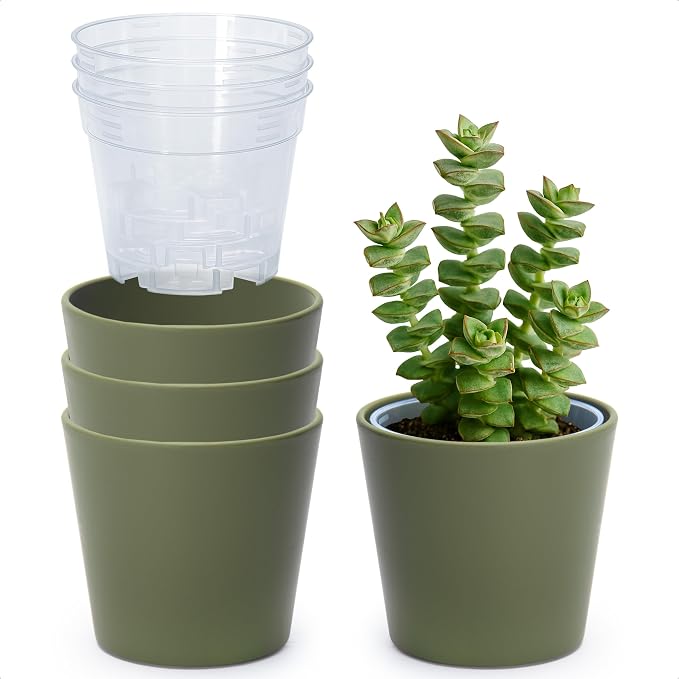 Phoenix Vine 4.5 Inch Olive Plastic Cachepot with Clear Nursery Pot, Decorative Lightweight Planter Cover with Transparent Inner Pot for Indoor Houseplants, Pack of 4, 24-B-F-4
