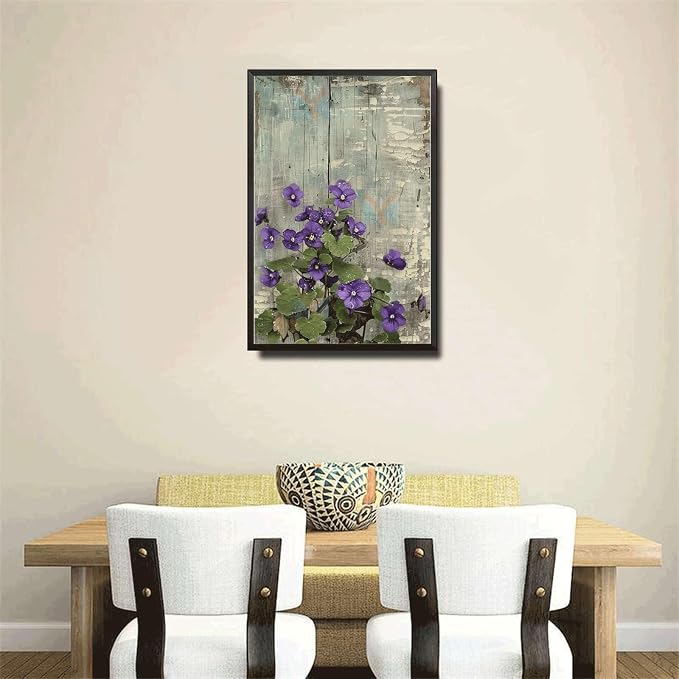 Metal Sign Tin Sign Vintage Wall Art Shabby Chic Violets Tin Sign for Antique Artistry Delicate Vintage Paintings and Distressed Wood Vintage Decor for Bar 12×16 Inches with Metal Frame