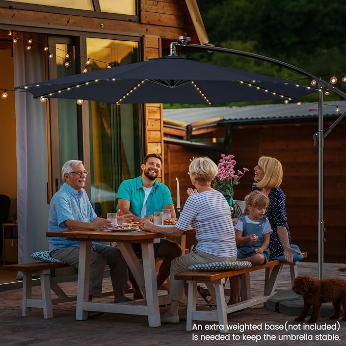 HAPPYGRILL 10FT Cantilever Patio Umbrella with Solar Lights, Outdoor Hanging Offset Umbrella with 112 LED Lights, Tilt Design, Crank Handle, Cross Base Stand for Garden Yard Deck