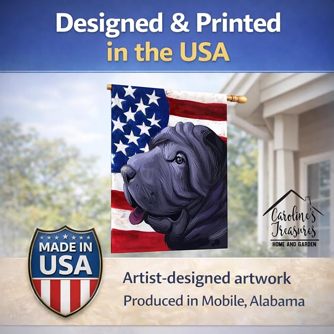 Caroline's Treasures CK6620CHF Miniature Shar Pei Dog American Flag House Flag Large Porch Sleeve Pole Decorative Outside Yard Banner Artwork Wall Hanging, Polyester, House Size, Multicolor