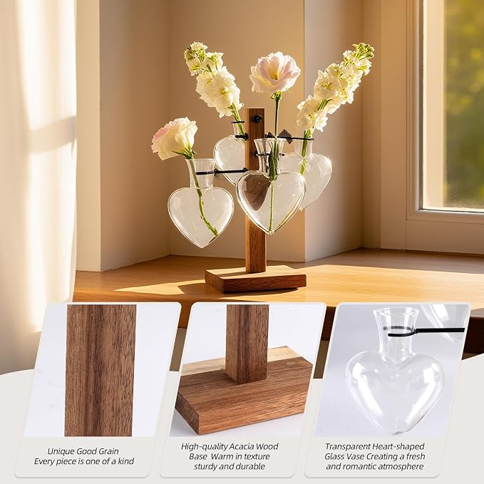 Plant Propagation Station Whith Acacia Wood Stand, 4 Heart Glass Vases | Propagation Vases for Plants，Plant Stand Indoor，Birthday Gifts for Women,Gifts for Plant Lovers，Home Decor
