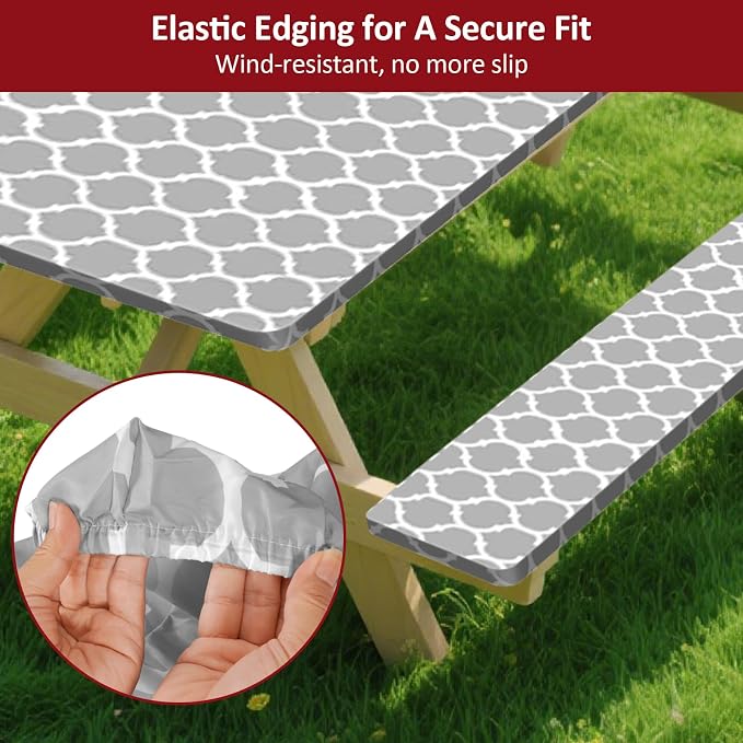 8ft Picnic Table and Bench Cover, Camping Essentials RV Gear, 96 in Waterproof Windproof Outdoor Elastic All Around Tablecloth, Fitted Rectangle Tables and Seats, Gray-White Moroccan