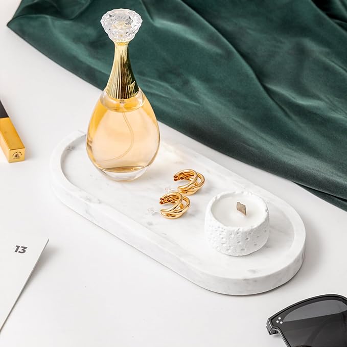 Natural Marble Vanity Tray Waterproof Italy Stone Bathroom Organizer for Perfume, Candles & Jewelry Non-Slip Oval Storage Tray for Spa, Bedroom, Kitchen 9.8" x 4.5" White (BH101)