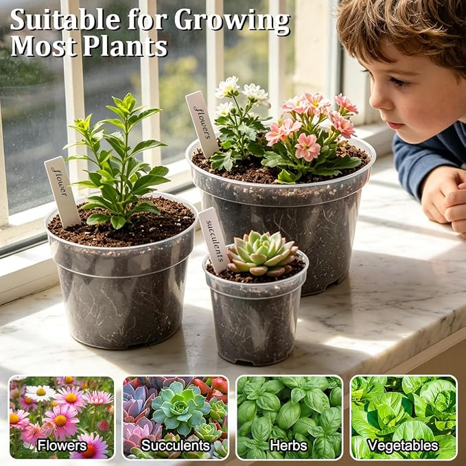 RooTrimmer 15 Pack 8/6/4 Inch Clear Nursery Pots with Drainage Hole, Transparent Plastic Plant pots, Sturdy Planting Starter Pots for Seedlings Herbs Flowers Vegetable (Clear-15P)
