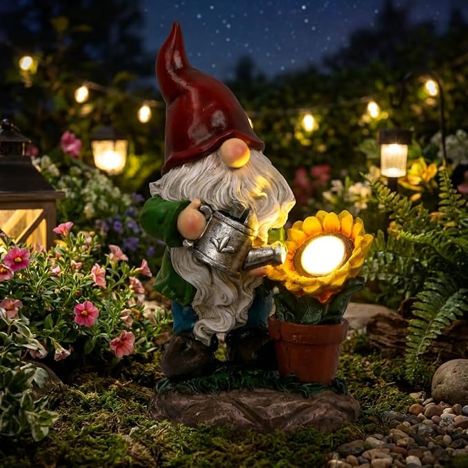 TERESA'S COLLECTIONS Sunflower Garden Gnomes Decorations for Yard with Solar Lights, Cute Resin Garden Sculptures & Statues for Outdoor Patio Lawn Ornaments,Ideal Gifts for Mom Women and Man, 11.4"