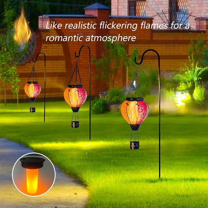 Solar Hot Air Balloon Outdoor Lantern with Flickering Flame, Handmade Glass Hanging Outdoor Lantern Waterproof Decorative Lantern Lamp for Patio, Garden, Porch (Colorful) | Handmade Glass, Waterproof, Decorative Lantern Lamp, for Patio, Garden, Porch, ...