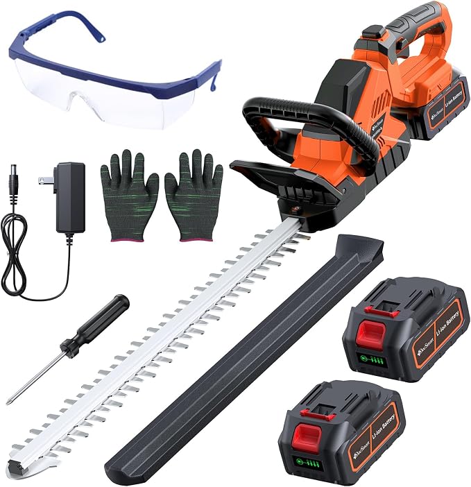 20'' Hedge Trimmers Cordless with 2pcs 4000mAh Battery, Brushless Electric Bush Clipper with Rechargeable Batteries, 3000RPM 180° Rotatable Head, 2/3'' Blade Gap Orange,Gifts for Father’s Day
