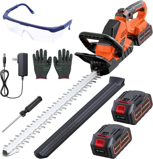 20'' Hedge Trimmers Cordless with 2pcs 4000mAh Battery, Brushless Electric Bush Clipper with Rechargeable Batteries, 3000RPM 180° Rotatable Head, 2/3'' Blade Gap Orange,Gifts for Father’s Day