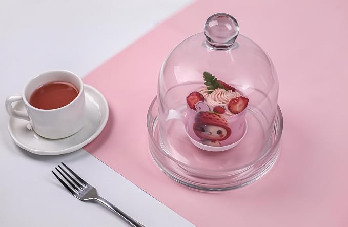 CYS EXCEL Glass Bell Dome Cloche with Glass Base (H:8" W:7") | Multiple Size Choices Terrarium Jar Plant Cover | Cake Dessert Display